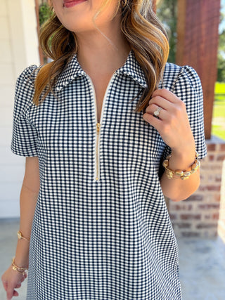 Navy Go-To Gingham Half Zip Mini Dress