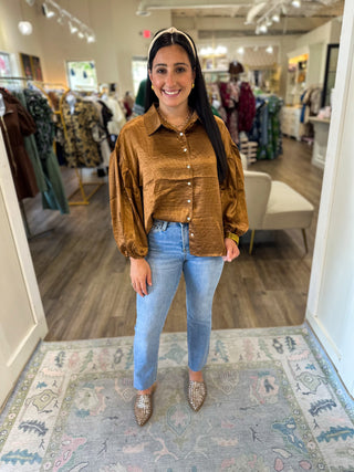 Camel Ever So Chic Collar Neck Button Down Long Sleeve Blouse
