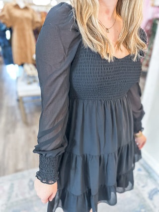 Chasing Daydreams Sheer Long Sleeve Smocking Tiered Dress