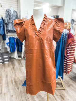 Cognac Leather Me Up Mini Dress