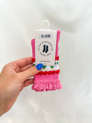 Pink Tree Lace Top Knee-High Socks
