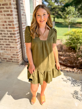 Olive Vinyard Stroll Ruffle Suede Mini Dress