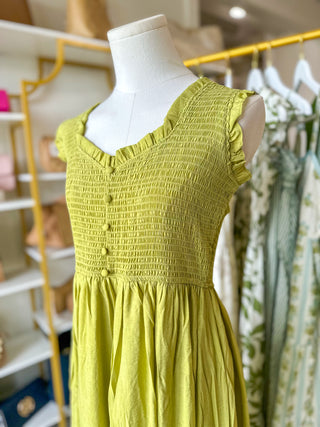 Kiwi Green Sweetheart Smocked Mock Button Midi Dress