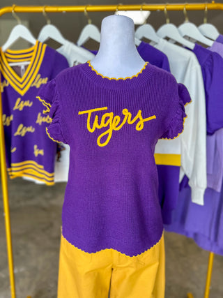 Purple Oakleigh LSU Tigers Scallop Trim Sweater