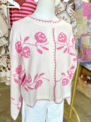 Ivory/Pink Petals & Promises Bell Sleeve Cardigan Sweater