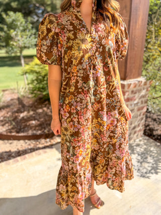 Brown Fields of Florals Eyelet Midi Dress