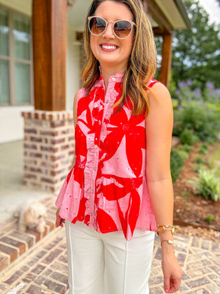 Pink Blushing Blooms Eyelet Peplum Top
