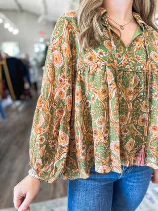 Olive Multi Floral Boho Tassel Blouse