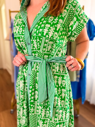 Green Backyard Bloom Tie Waist Midi Dress