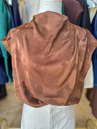Mocha In Bloom Jaqucard Mock Neck Top