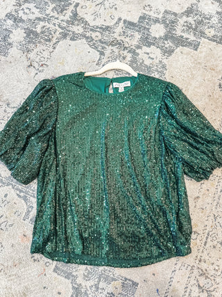 Green Sparkle & Shine Sequin Puff Sleeve Blouse