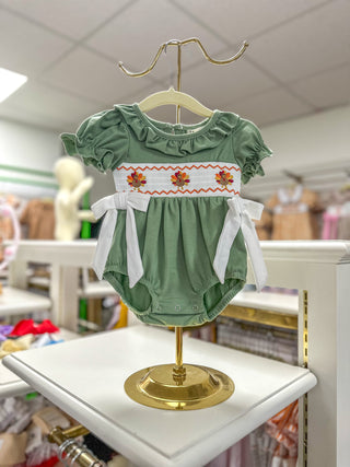 Fall Thanksgiving Chicken Smock Embroidered Green Baby Girl Bubble