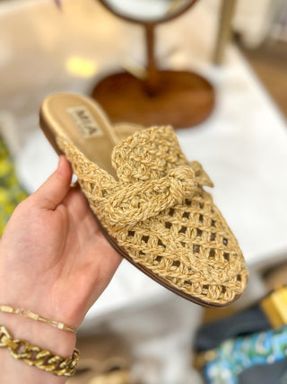 Natural Raffia Lacey Bow Detail Mule Flats