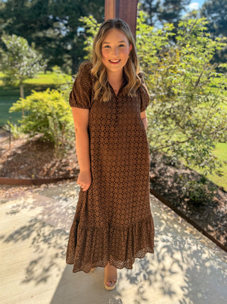 Brown Sweet Eyelet Moments Midi Dress