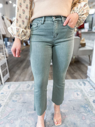 Deep Olive High Rise Crop Bootcut Jeans