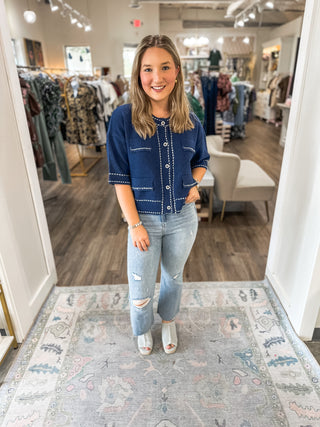 Coastal Stroll NAVY Short Sleeve Cardigan