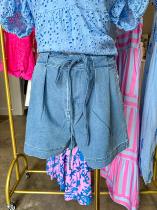 Denim Slightly Slouchy & Pleated Tie Waist Detail Shorts - Risen