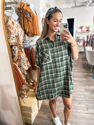 Forest Green Flannel Ric Rac Collared Detail Shift Dress