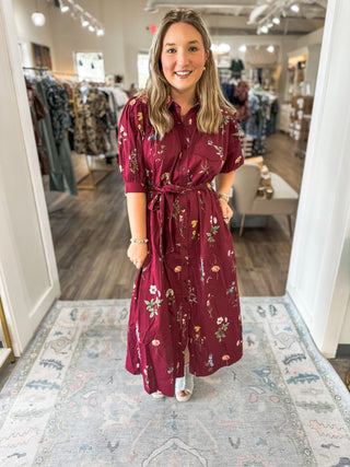 Burgundy Garden Stroll MIDI Dress
