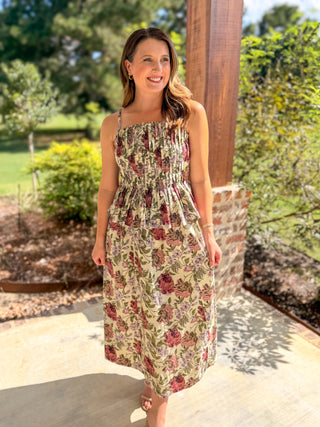 Vintage Violet Garden Pleated Midi Dress