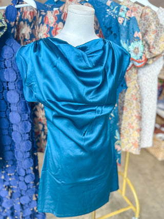 Teal After Dark Cowl Neck Satin Mini Dress