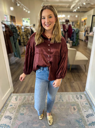 Burgundy Ever So Chic Collar Neck Button Down Long Sleeve Blouse