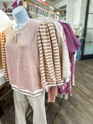 Pink Stripes on Trend Half Sleeves & Cable Knit Top