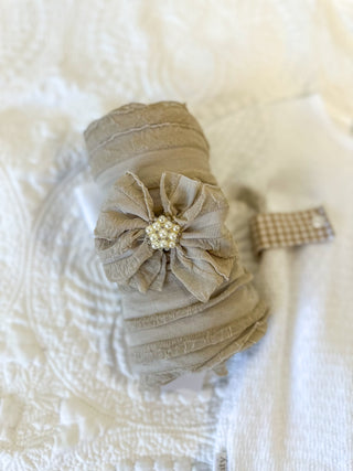 Frilly Frou Taupe Pearl Bow Headband & Swaddle