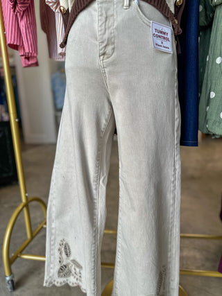 Almond Eyelet Embroidered High Rise Cropped Wide Leg Denim Jeans