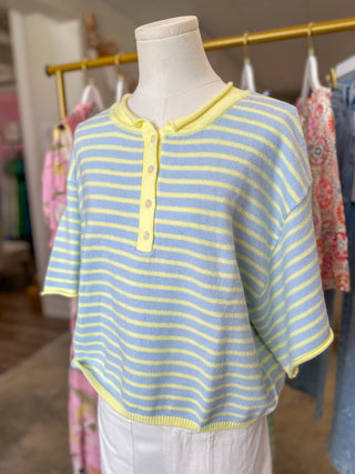 Blue Lemonade Striped Short Sleeve Henley Knit Top