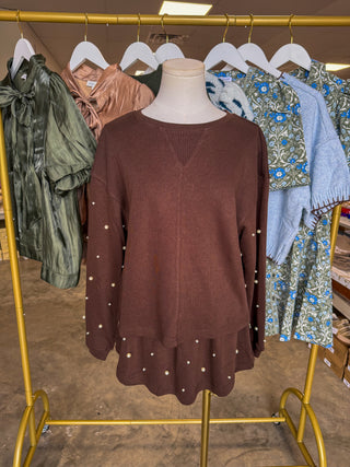 Brown Pearl Charm Long Sleeve Top & Skort Set
