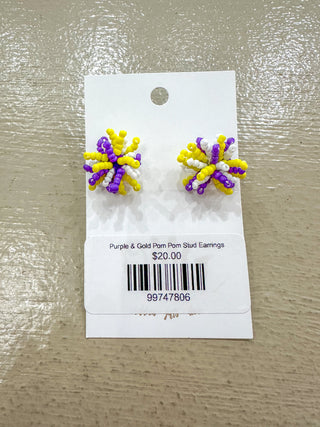 Purple & Gold Pom Pom Stud Earrings