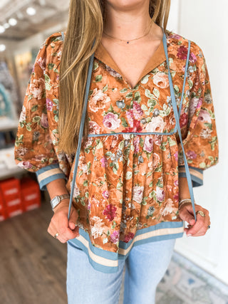 Autumn Painterly Rose Contrast Trim Blouse