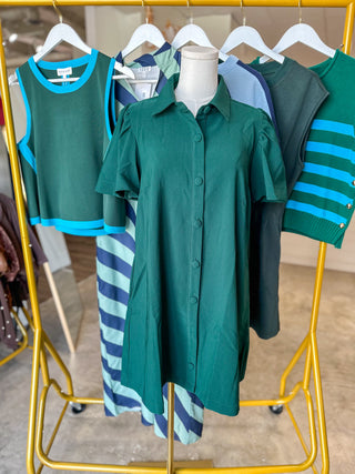 Hunter Green Charm Button Down Collared Mini Dress