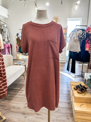 Rust Ribbed Round Neck Chest Pocket Dress