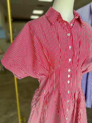 Red Classic Stripes Smocked Pleated Mini Dress