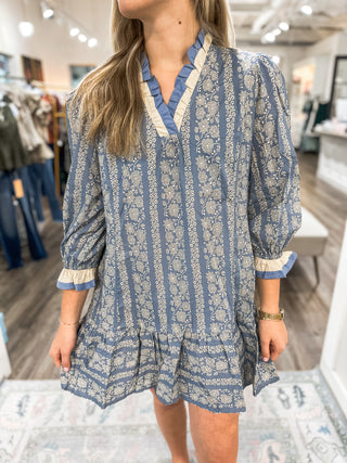 Blue Boho Blooms Ruffle Trim Mini Dress
