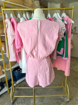 Pink Padded Shoulder Bow Belted Romper