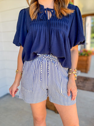 Navy Stripe Tie Waist Shorts