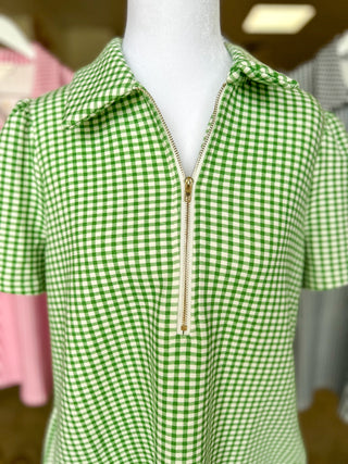 Green Go-To Gingham Half Zip Mini Dress