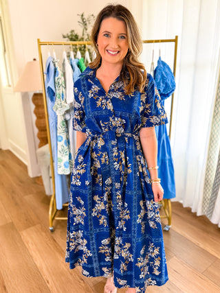 Charming In Blue Floral Tie Waist Midi Dress