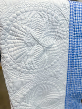 White W/ Blue Check Trim Baby Quilt