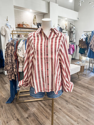 Deep Red Candy Stripe Balloon Sleeve Button Down Top