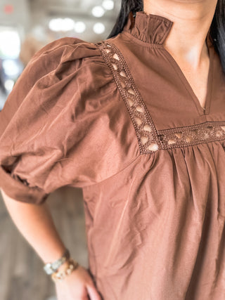 Brown Laurel Lace Trim Mini Dress