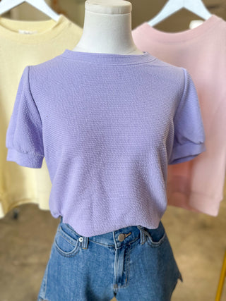 Lavender Round Neck Cloudy Knit Short Puff Sleeve Top
