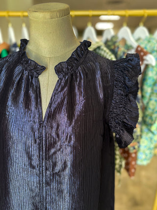 Navy Metallic Woven Flutter Sleeve Top