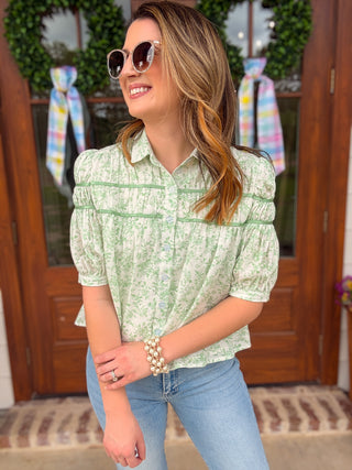 Green Dainty Floral Slightly Smocked Collared Top