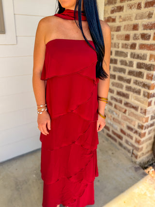 Wine Ruffled Romance Maxi Dress W/ Neck Scarf