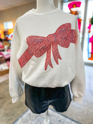 Wrapped & Embellished Rhinestone Red Bow Pull Over