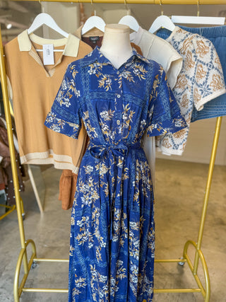 Charming In Blue Floral Tie Waist Midi Dress